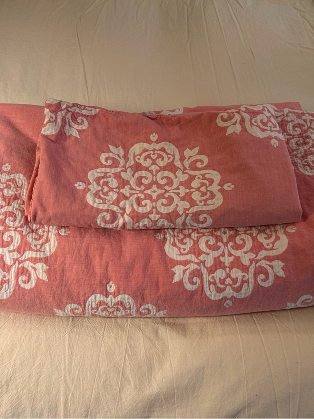 West Elm Pink and White Damask Linen Accent Pillow Cover